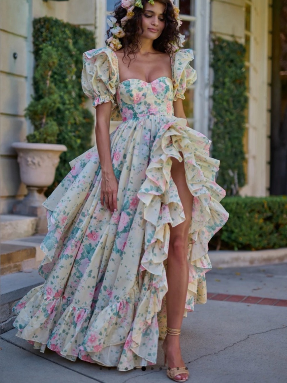 Selkie “Fantasy in Bloom” Floral Ruffle High-Slit Maxi Dress